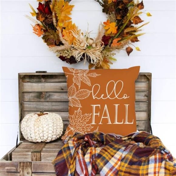 Fall Pillow Covers 18x18 Set of 4, Buffalo Plaid Pumpkin and Maple Leaves Autumn - Picture 3 of 7